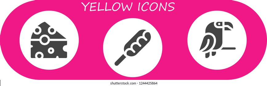 Vector icons pack of 3 filled yellow icons. Simple modern icons about  - Cheese, Hot dog, Parrot