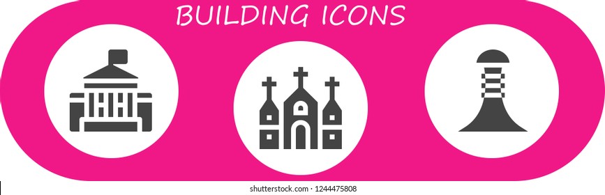 Vector icons pack of 3 filled building icons. Simple modern icons about  - White house, Church, Building