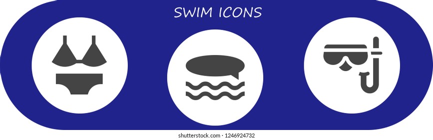 Vector icons pack of 3 filled swim icons. Simple modern icons about  - Swimsuit, Surf, Diving mask