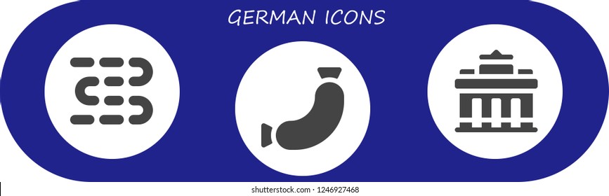 Vector icons pack of 3 filled german icons. Simple modern icons about  - Sausages, Sausage, Brandenburg gate