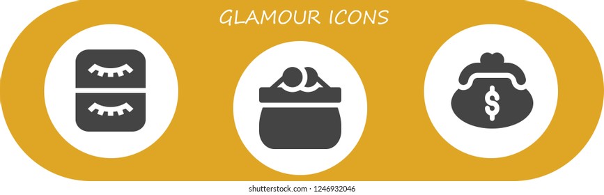 Vector icons pack of 3 filled glamour icons. Simple modern icons about  - Eyelash, Purse