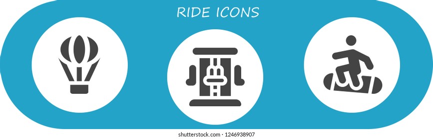 Vector icons pack of 3 filled ride icons. Simple modern icons about  - Hot air balloon, Roller coaster, Snowboard