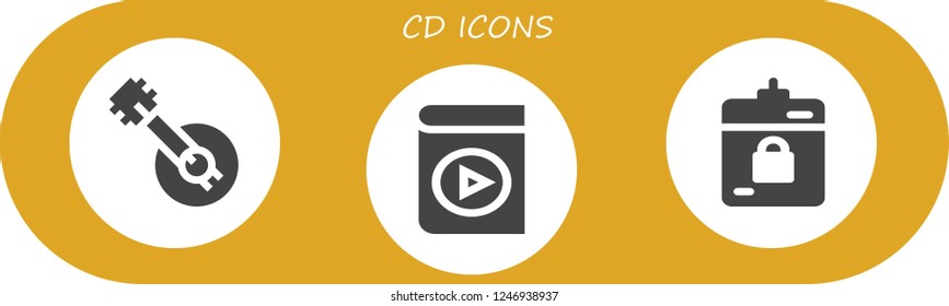 Vector icons pack of 3 filled cd icons. Simple modern icons about  - Banjo, Audio book, Harddrive