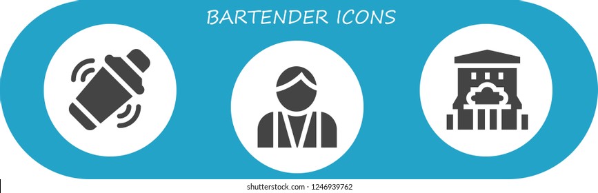 Vector icons pack of 3 filled bartender icons. Simple modern icons about  - Shaker, Bartender, Bar