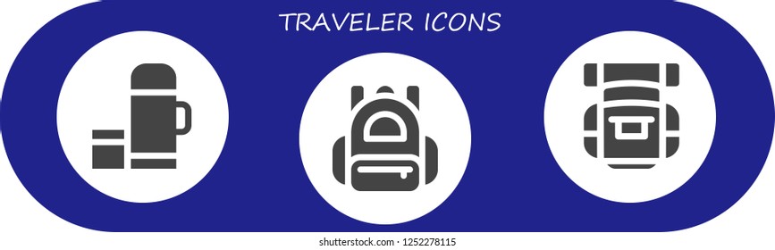 Vector icons pack of 3 filled traveler icons. Simple modern icons about  - Thermo, Backpack