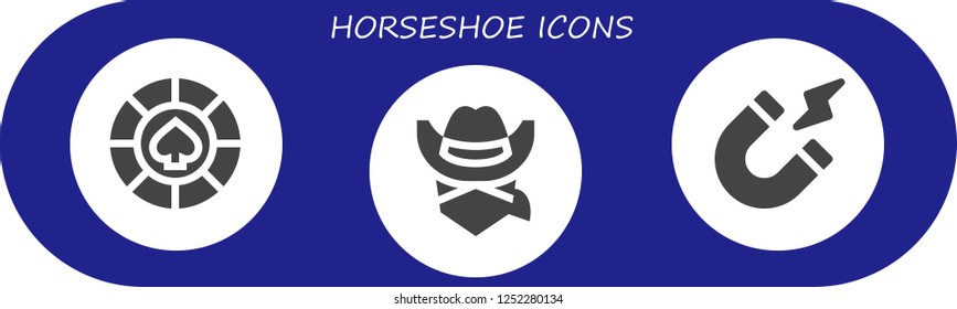 Vector icons pack of 3 filled horseshoe icons. Simple modern icons about  - Casino, Cowboy, Magnetism