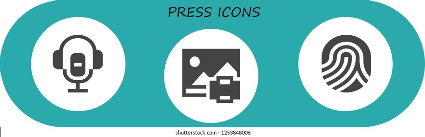 Vector icons pack of 3 filled press icons. Simple modern icons about  - Voice recorder, Print, Fingerprint