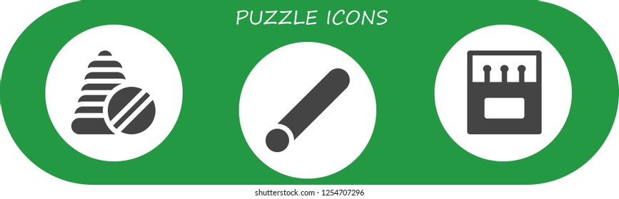 Vector icons pack of 3 filled puzzle icons. Simple modern icons about  - Toys, Chalk, Matches