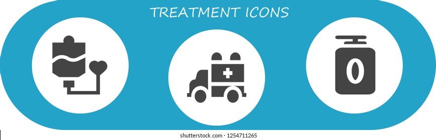 Vector icons pack of 3 filled treatment icons. Simple modern icons about  - Blood transfusion, Ambulance, Gel