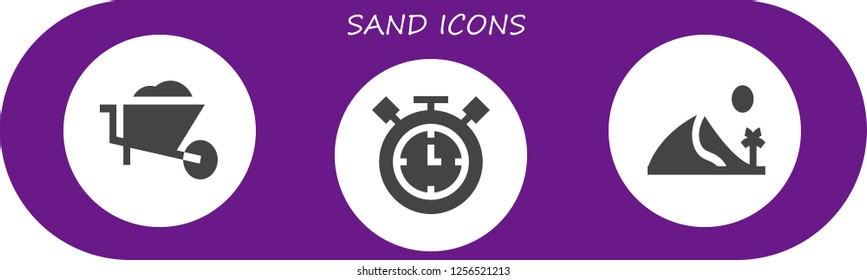 Vector icons pack of 3 filled sand icons. Simple modern icons about  - Wheelbarrow, Timer, Dune
