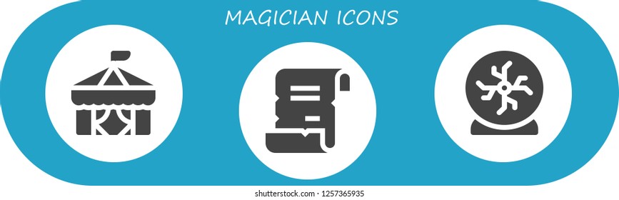 Vector icons pack of 3 filled magician icons. Simple modern icons about  - Circus, Spell, Crystal ball