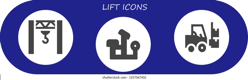 Vector icons pack of 3 filled lift icons. Simple modern icons about  - Crane, Bench press, Forklift