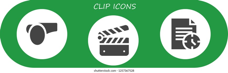 Vector icons pack of 3 filled clip icons. Simple modern icons about  - Whistle, Clapperboard, File