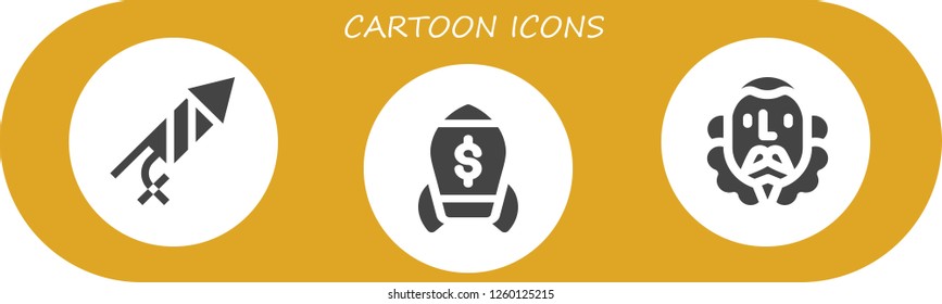Vector icons pack of 3 filled cartoon icons. Simple modern icons about  - Firecracker, Rocket, Cervantes