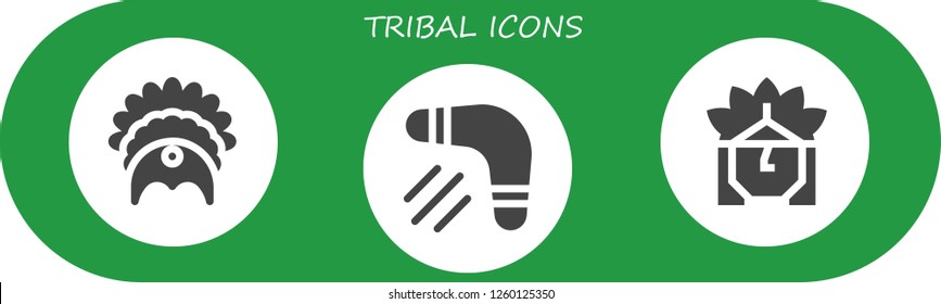 Vector icons pack of 3 filled tribal icons. Simple modern icons about  - Headdress, Boomerang, Indian