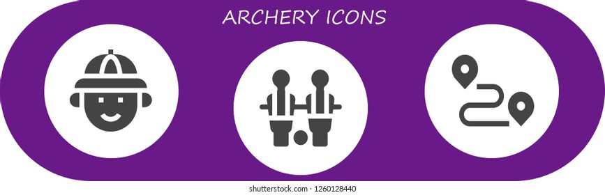 Vector icons pack of 3 filled archery icons. Simple modern icons about  - Hunter, Table football, Track