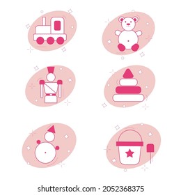 Vector icons pack. Babies collection. Kids toys. Locomotive, bear, tumbler, pyramid, soldier, bucket with scoop