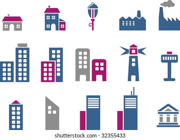Vector icons pack - Blue-Fuchsia Series, city collection