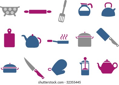 Vector icons pack - Blue-Fuchsia Series, cooking tools collection