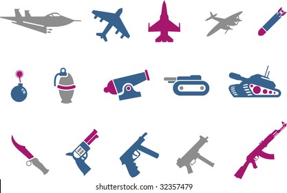 Vector icons pack - Blue-Fuchsia Series, weapons collection