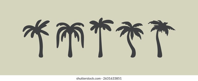 Vector icons of palm tree silhouettes in different artistic styles. Hand drawn abstract isolated illustrations. Flat tropical design elements. Vacation or beach emblems. Print design templates.