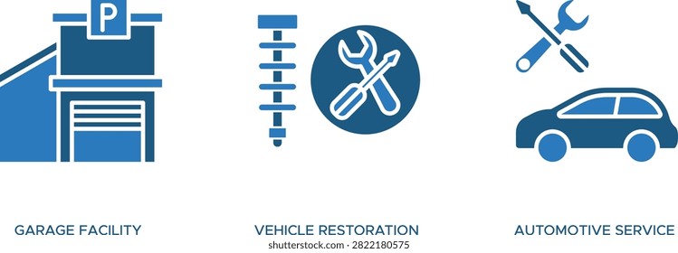 Vector icons for parking garage facility vehicle restoration and automotive service