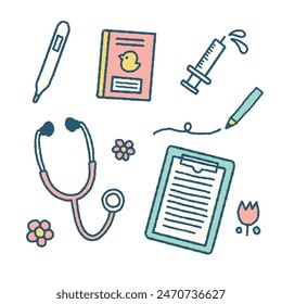 Vector icons of pediatric hospital clinic and medical care set