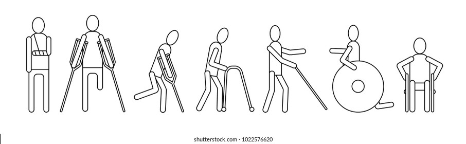 vector icons of people with disabilities. a person on a wheelchair, a patient with crutches, a visually impaired, a broken arm, guide-dog.