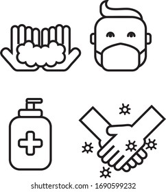 vector icons of people washing hands, wearing mask, alcohol gel, social contact. vector icon about corona virus