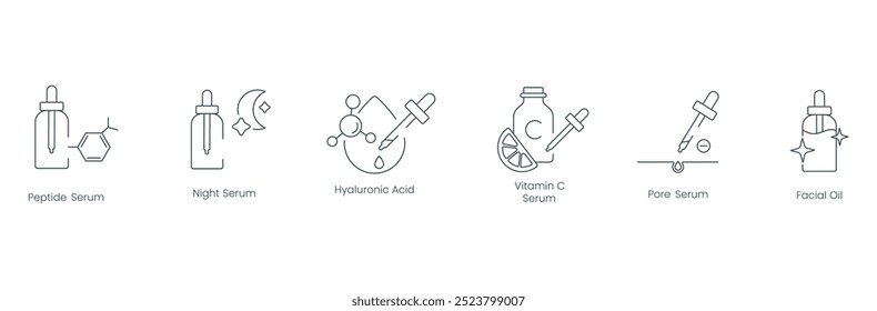 Ícones vetoriais de soro de peptídeo, soro de nitrato, ácido hialurônico, soro de vitamina C, soro de poro, e óleo facial para melhorias de beleza e cuidados com a pele