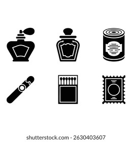 Vector Icons of Perfume Cigar Matches Canned Food and Postage Stamp