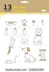 Vector icons with pet shop, bird, dog, cat and pet bed