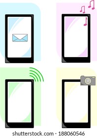 Vector icons phone. Illustration of phone with icons of camera, message, music. Abstract pattern