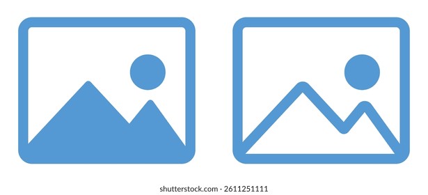 Vector icons of photo frames with mountains and sun. One in solid black style, the other in outlined style. Minimalist design for UI, apps, websites, and digital interfaces. , gallery, icons, vector.