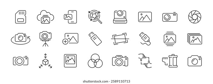 Vector icons for photography and image editing with camera and cloud elements.