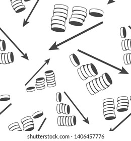 Vector icons pile of coins and an arrow showing money growth seamless pattern on a white background.