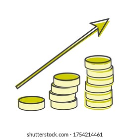 Íconos vectores pila de monedas y una flecha que muestra el estilo de caricatura del crecimiento del dinero en fondo blanco aislado.