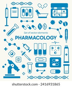 Vector icons of pills, flasks, test tubes, pharmaceutical mortar, microscope, etc. A set of elements of pharmaceutical accessories.