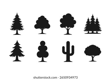 Vector Icons of Pine Tree Oak Tree and Cactus in Black Silhouette Style, Vector Art of Natural Plant Silhouettes Featuring Trees and Cactus