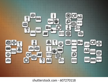 Vector icons placed in the form of the words car parts

