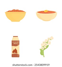 Vector icons of plantbased foods including a bowl of chili and buckwheat milk