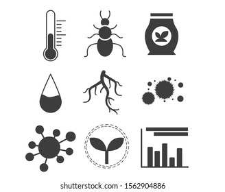 Vector icons for plants, gardens, gardens, crops, agriculture, farms. Icons for the convenience of designating various processes, measures to improve crop care, pest protection.