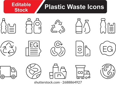 Vector icons of plastic waste, bottles, and recycling symbols, great for eco and environmental awareness designs