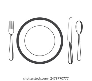 vector icons of plate with fork, knife and spoon isolated on white background