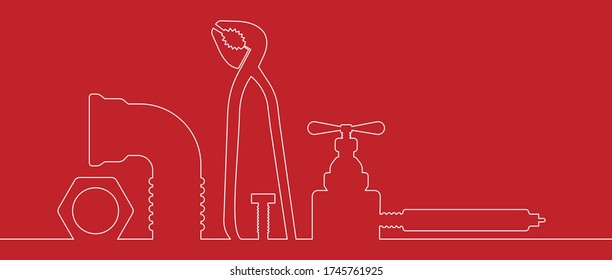 Vector icons of plumbing tools on a red background.