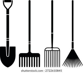 Iconos vectoriales que presentan implementos esenciales para el mantenimiento y la siembra del patio, incluyendo una pala y diferentes tipos de rastrillos.