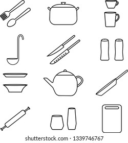 Vector icons of products for the kitchen: spoon, fork, pan, cup, mug, ladle, knife, pepperbox, salt shaker, plate, kettle, frying pan, rolling pin, glass, cutting board.