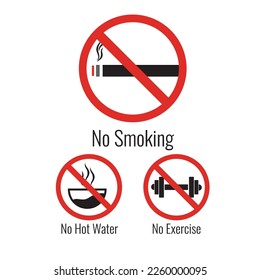 Vector icons of prohibition, Illustration of no smoking, Icons for prohibited after tooth extraction