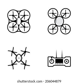 Vector icons for quadrocopter. Four black outline vector icons for quadrocopter on gray background.