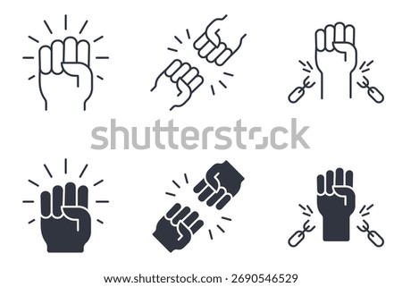 Vector icons of raised fists, broken chains, unity hands. Symbol of protest, strength, freedom, and justice. Includes outline and solid styles. Editable stroke set. Perfect for activism themes.